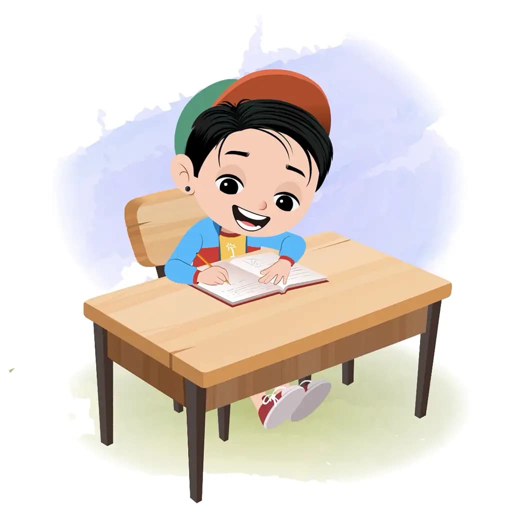 A stylish boy doing homework and sitting on the table animated cartoon character aka navi