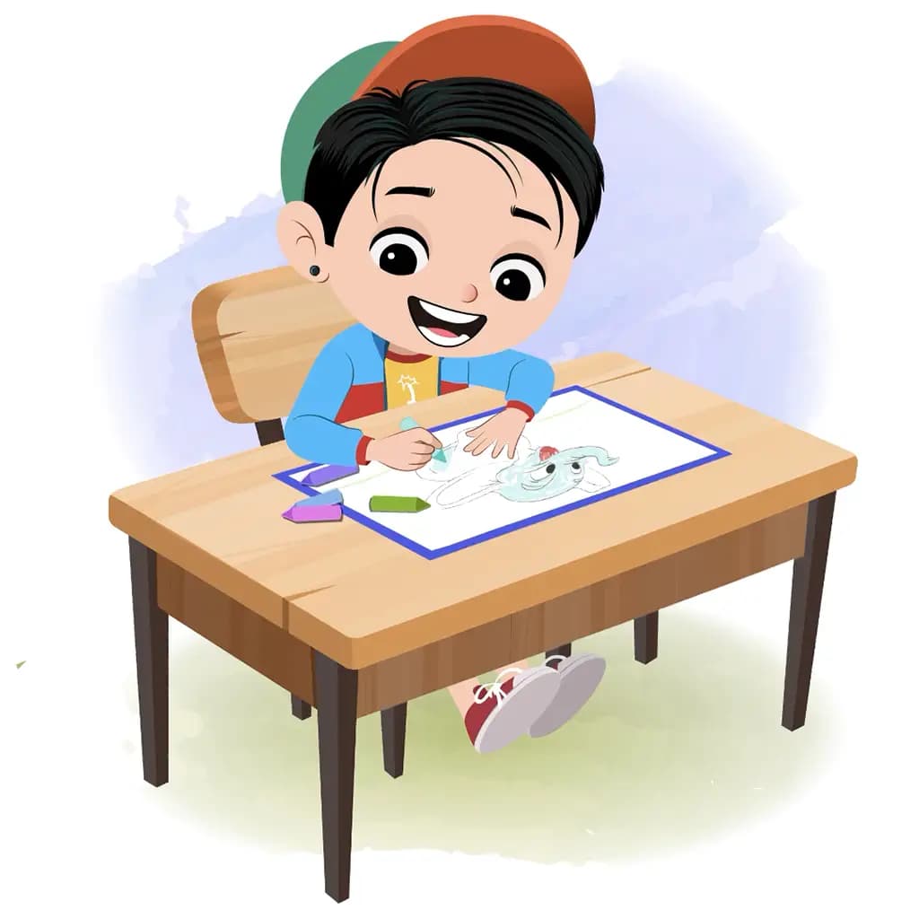 A stylish boy is sitting at a table with some crayons and colouring on the paper aka navi