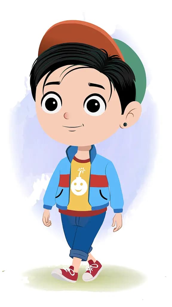 A stylish boy 3/4 front view/three quarter view walking animated cartoon character aka navi