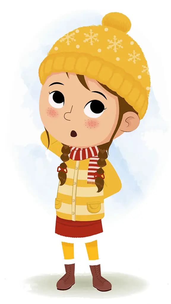 A cute confused girl in winter clothes animated cartoon character aka nancy 3/4