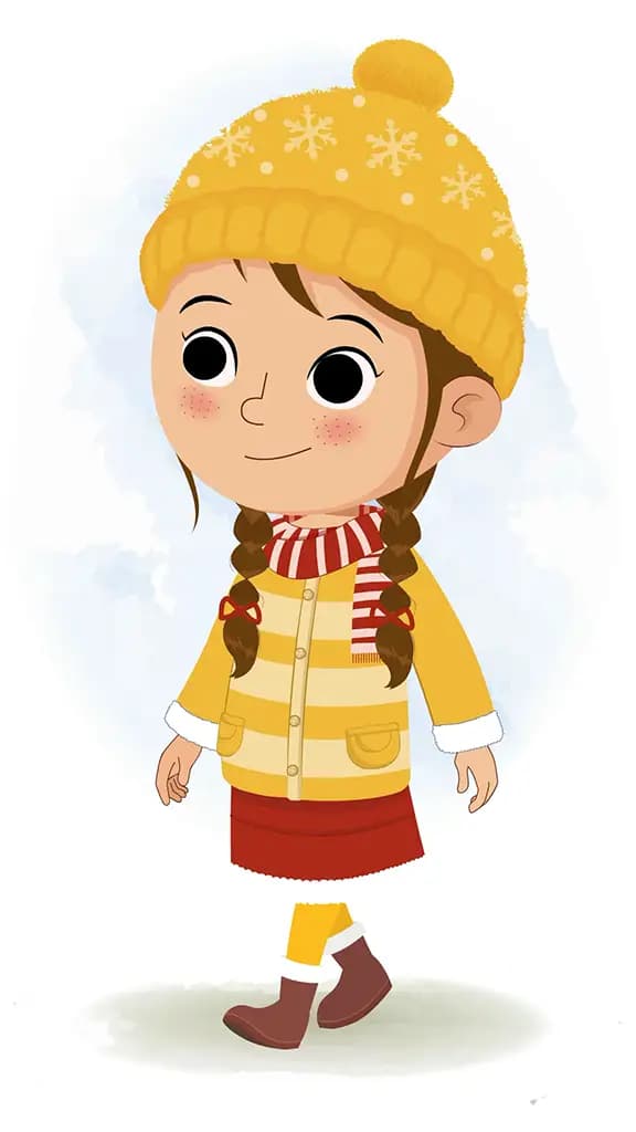 A cute girl in winter clothes 3/4 front view/three quarter view walking animated cartoon character aka nancy 3/4