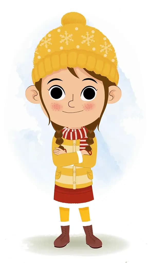 A cute girl in winter clothes standing with cross hand and talking animated cartoon character aka nancy