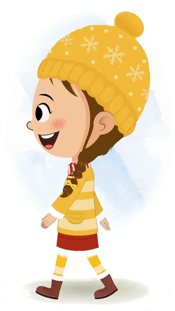 A cute girl in winter clothes walking side view animated cartoon character aka nancy