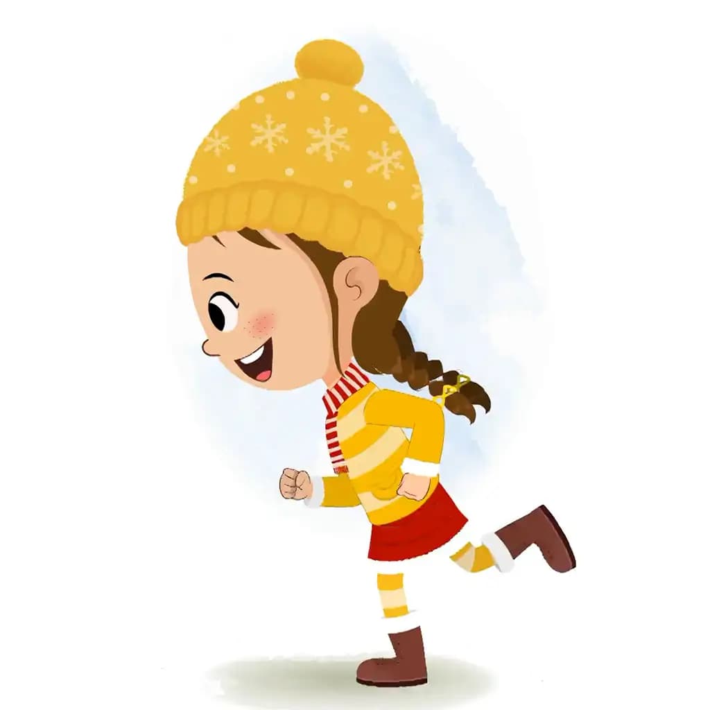 A cute girl in winter clothes running fast side view animated cartoon character aka nancy