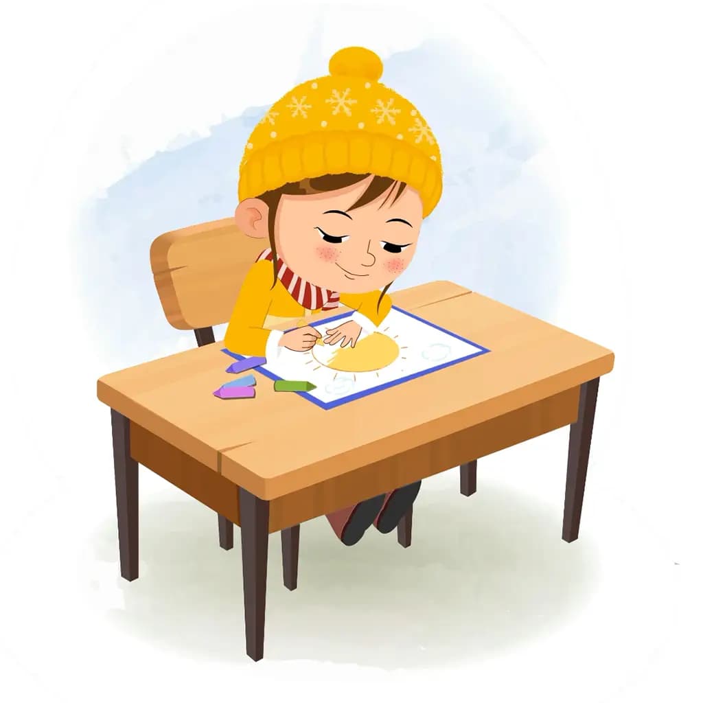 A cute girl in winter clothes is sitting at a table with some crayons and coloring on the paper aka nancy