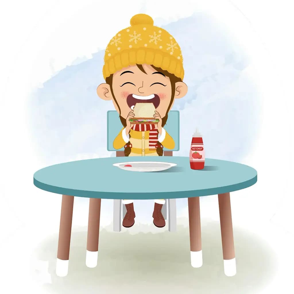 A cute girl in winter clothes animated cartoon character sitting at a table and eating a sandwich aka nancy