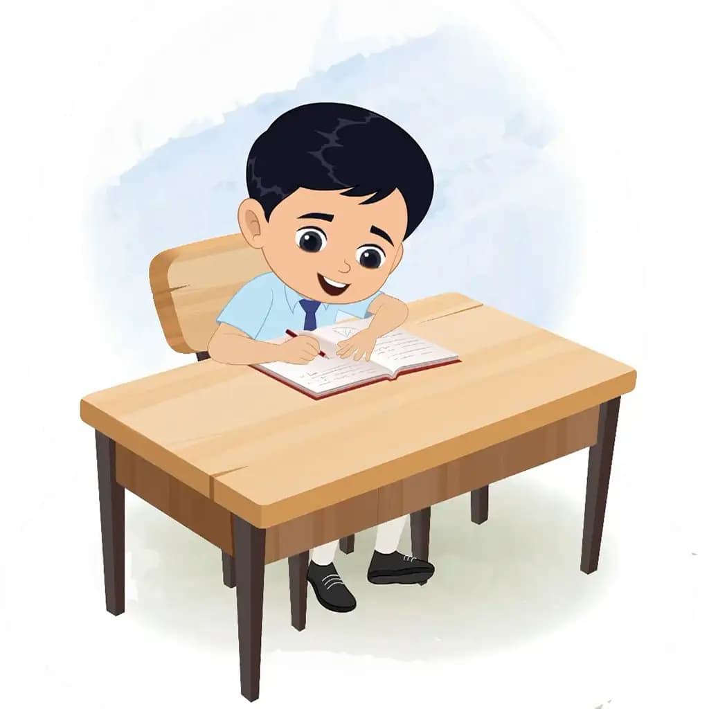An Indian school boy doing homework and sitting on the table animated cartoon character aka ishaan