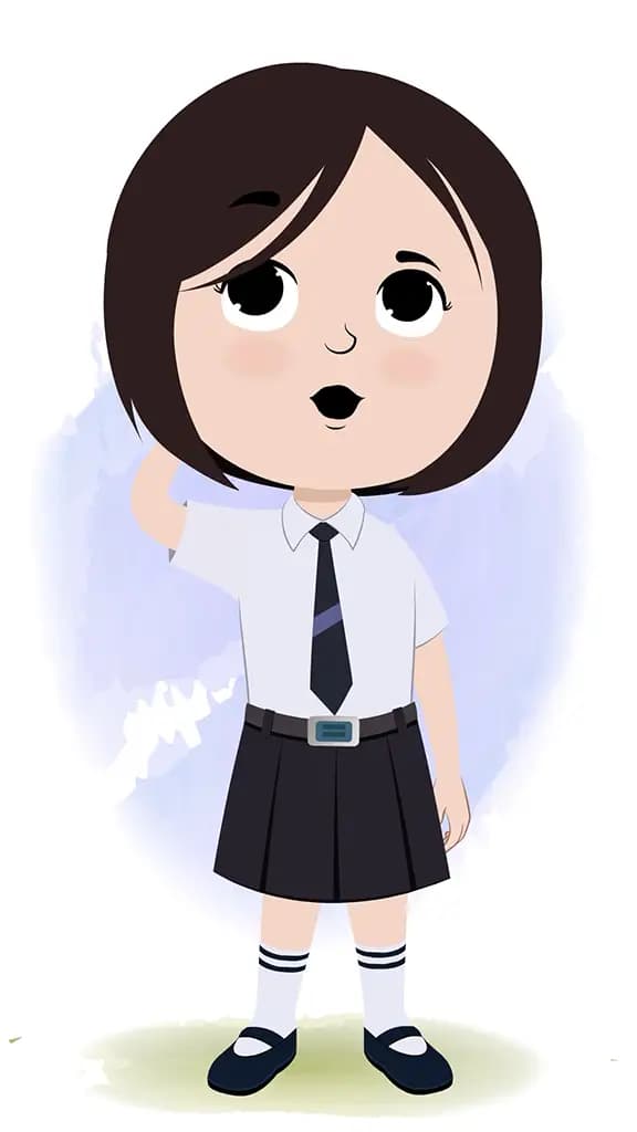 A cute little confused school girl animated cartoon character aka tia