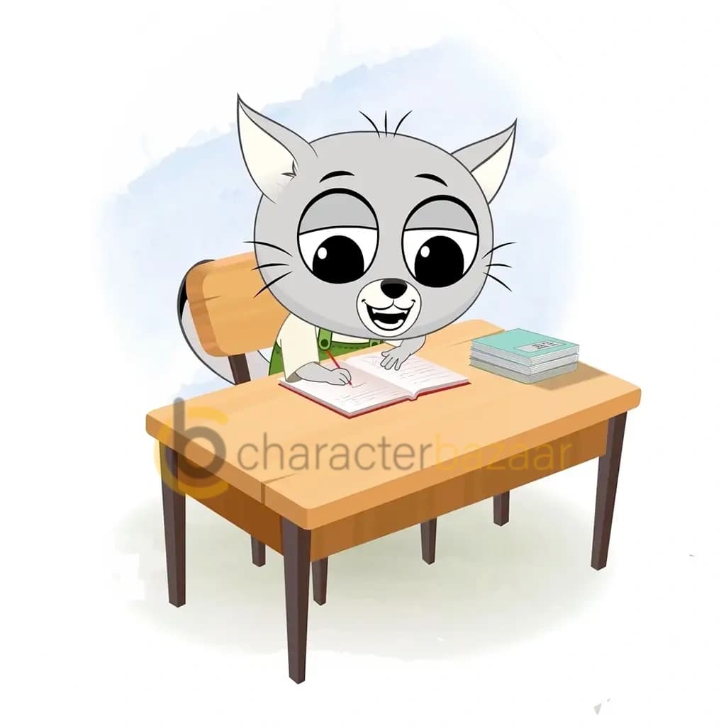 A cat doing homework and sitting on the table animated cartoon character aka kitty the kitten