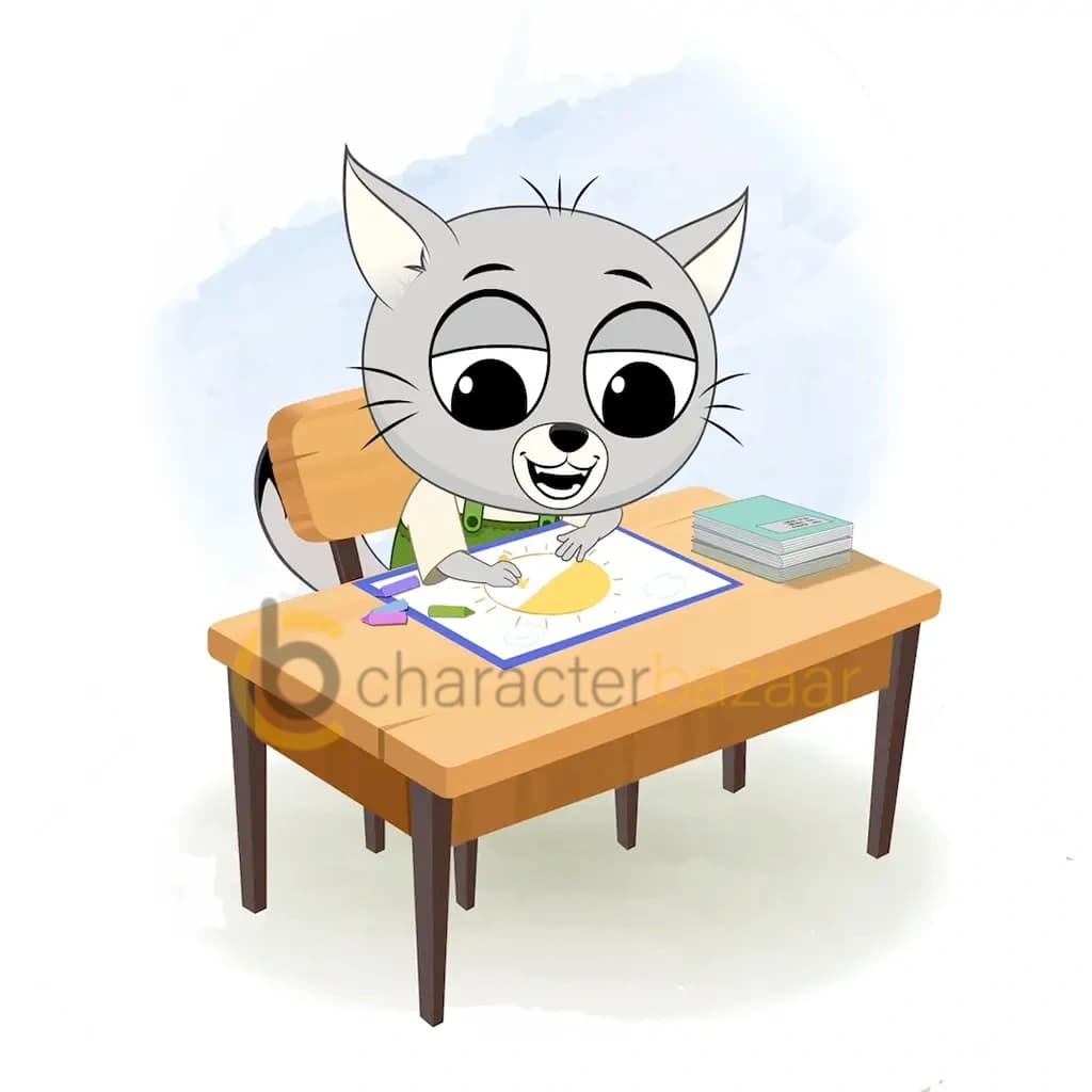 A cat is sitting at a table with some crayons and colouring on the paper aka kitty the kitten