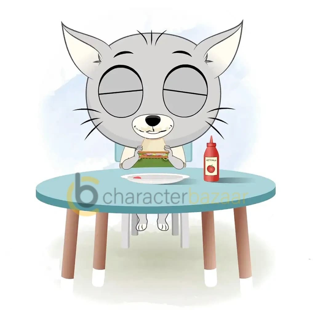 A cat animated cartoon character sitting at a table and eating a sandwich aka kitty the kitten