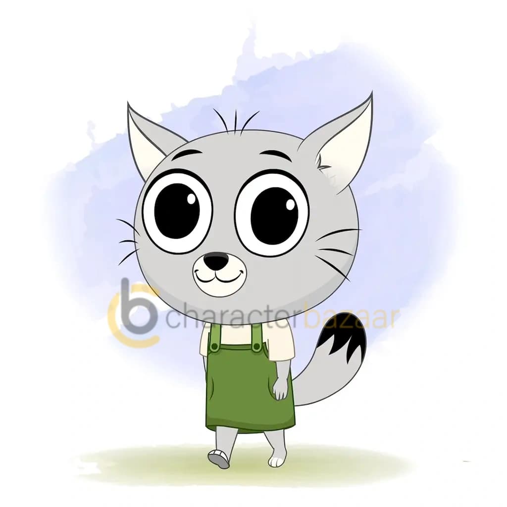 A cat 3/4 front view/three quarter view walking animated cartoon character aka kitty the kitten