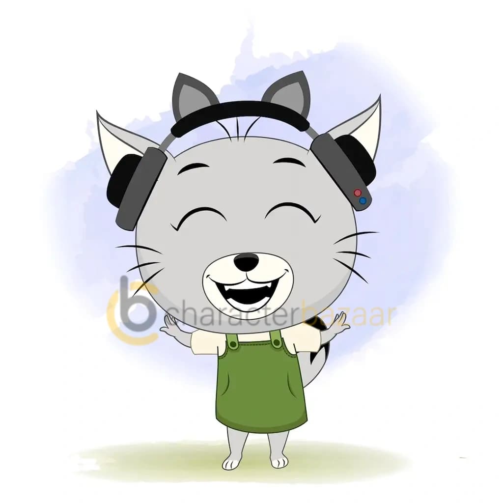 A cute cat listening music with headphone animated cartoon character aka kitty the kitten