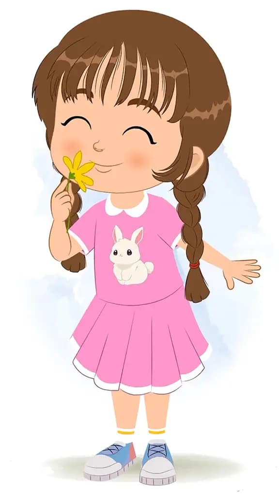 A cute girl animated cartoon chacter holding flower and sniff the scent aka tannu