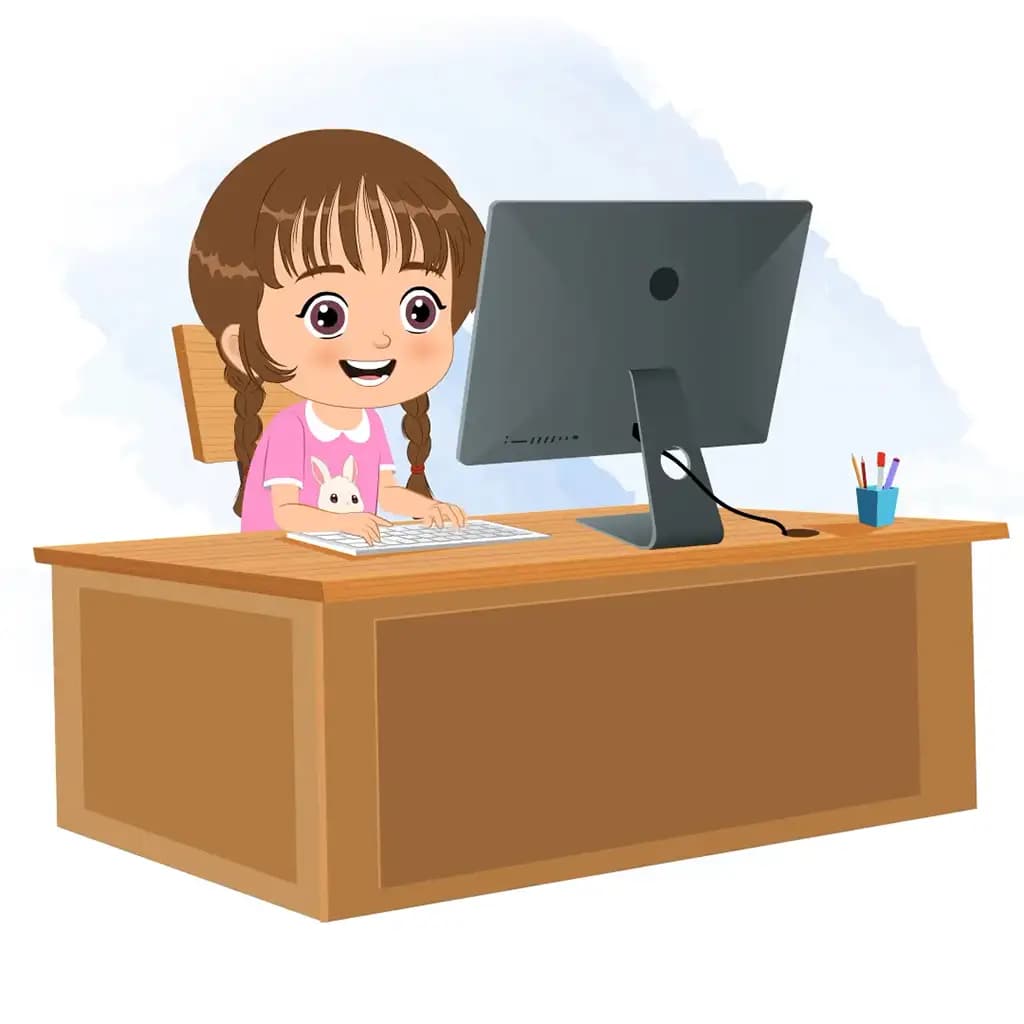 A cute little girl animated cartoon character working on computer aka tannu