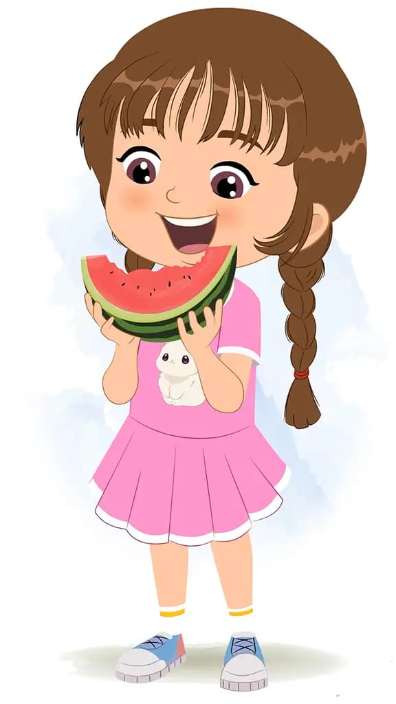 A cute girl cartoon character construction/model sheet aka tannu