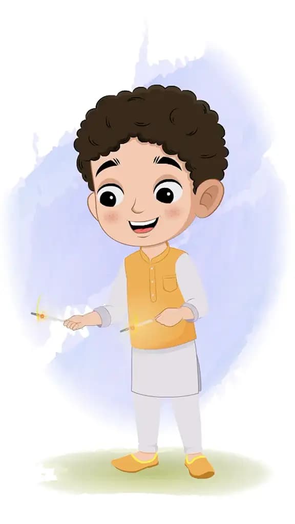 An Indian boy celebrating diwali festival with sparkle animated cartoon character aka sachin