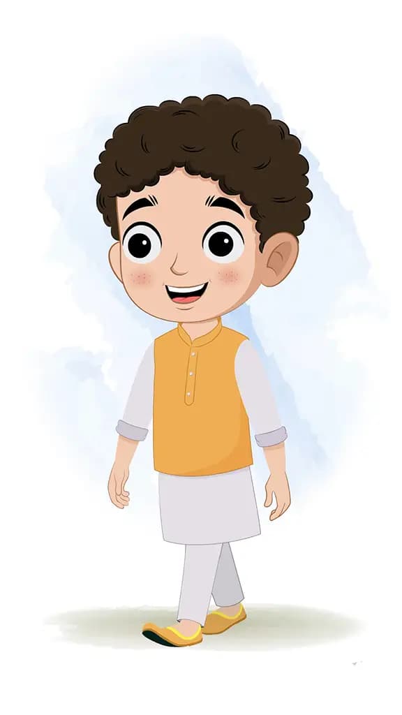 An Indian boy 3/4 front view/three quarter view walking animated cartoon character aka sachin 3/4