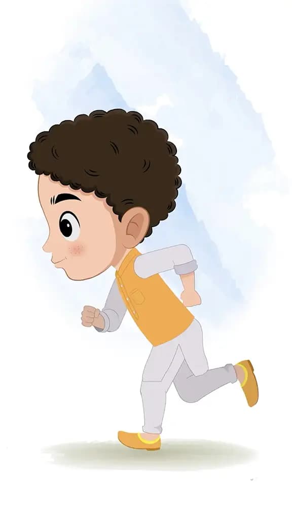 An Indian boy running fast side view animated cartoon character aka sachin