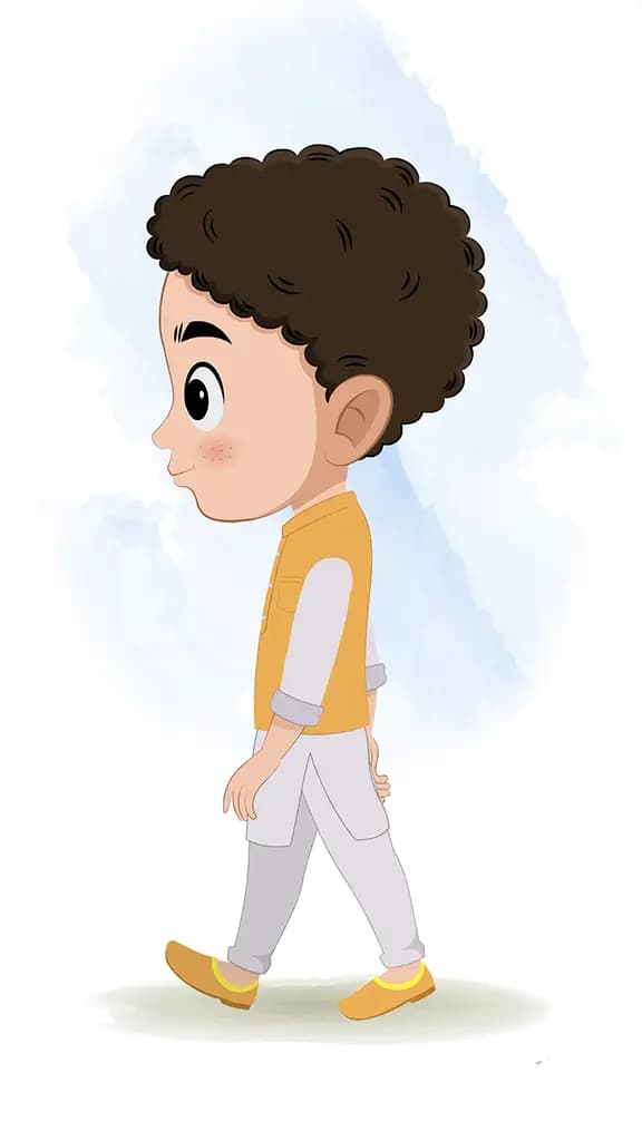 An Indian boy walking side view animated cartoon character aka sachin