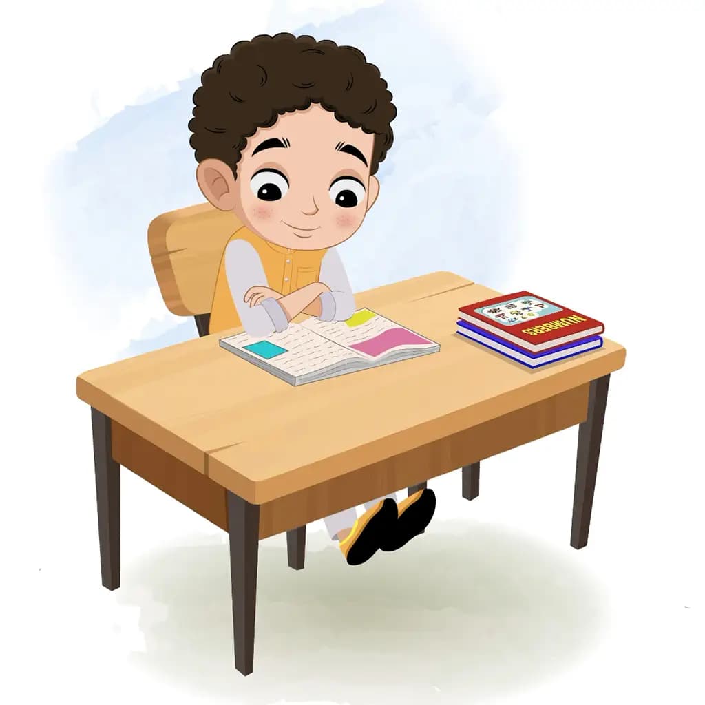 An Indian boy reading a book and sitting on the table animated cartoon character aka sachin