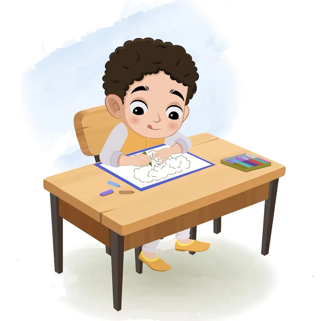 An Indian boy is sitting at a table with some crayons and colouring on the paper aka sachin