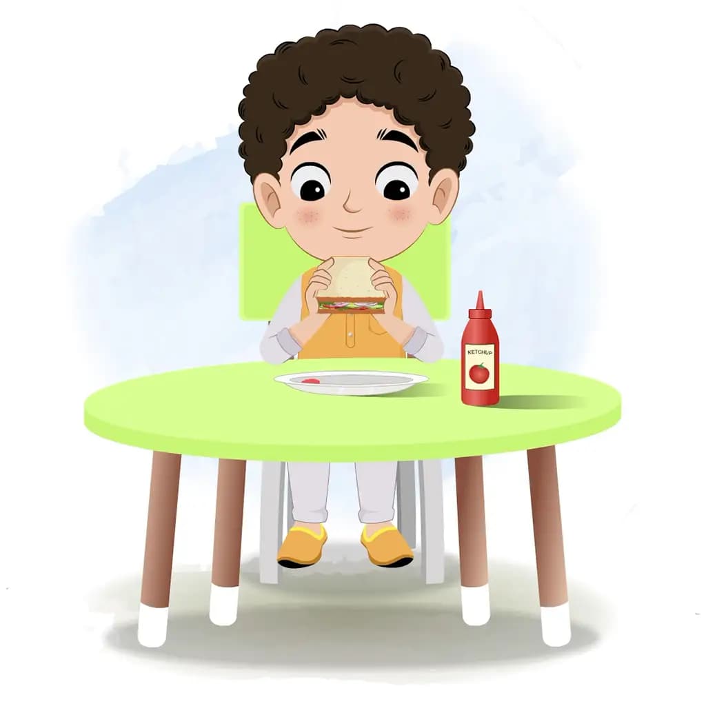 An Indian boy animated cartoon character sitting at a table and eating a sandwich aka sachin
