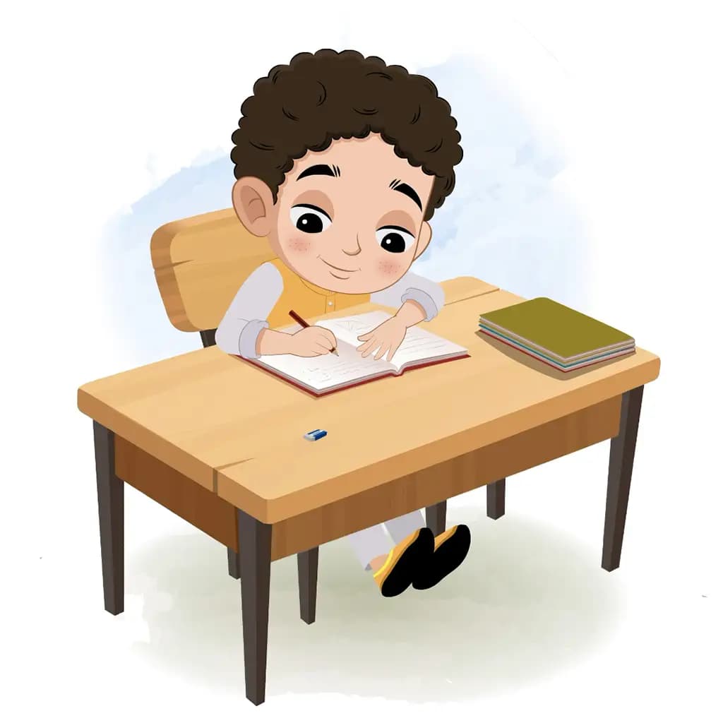 An Indian boy doing homework and sitting on the table animated cartoon character aka sachin
