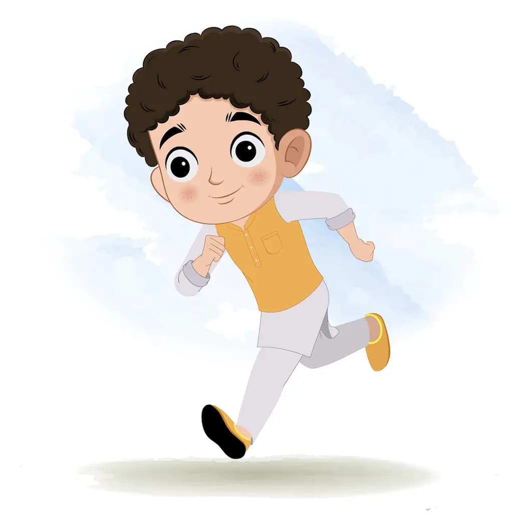 An Indian boy running three quarter view animated cartoon character. A 3/4 three quater view running cartoon aka sachin 3/4