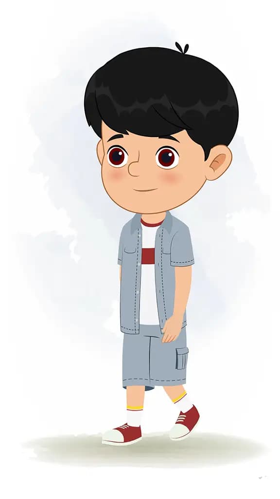A little Indian boy 3/4 front view/three quarter view walking animated cartoon character aka aarav 3/4
