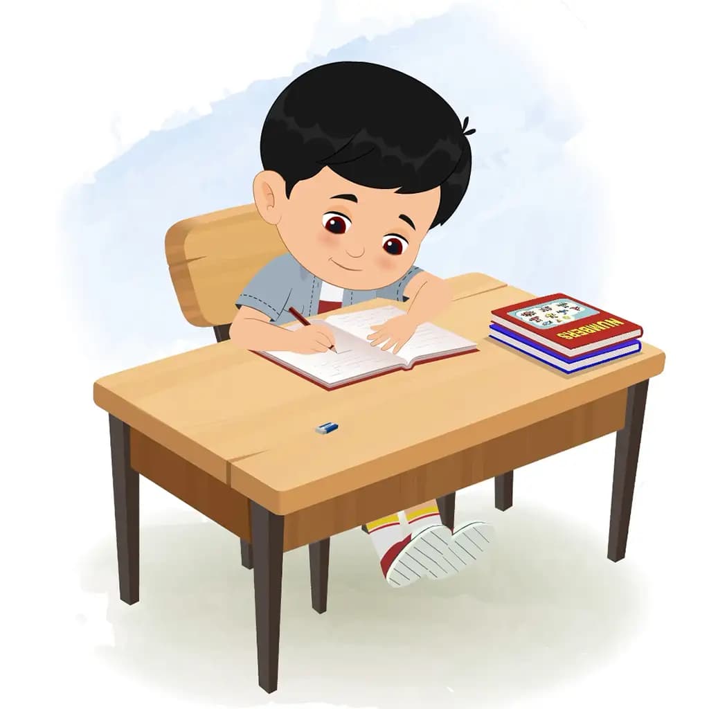 A little Indian boy doing homework and sitting on the table animated cartoon character aka aarav