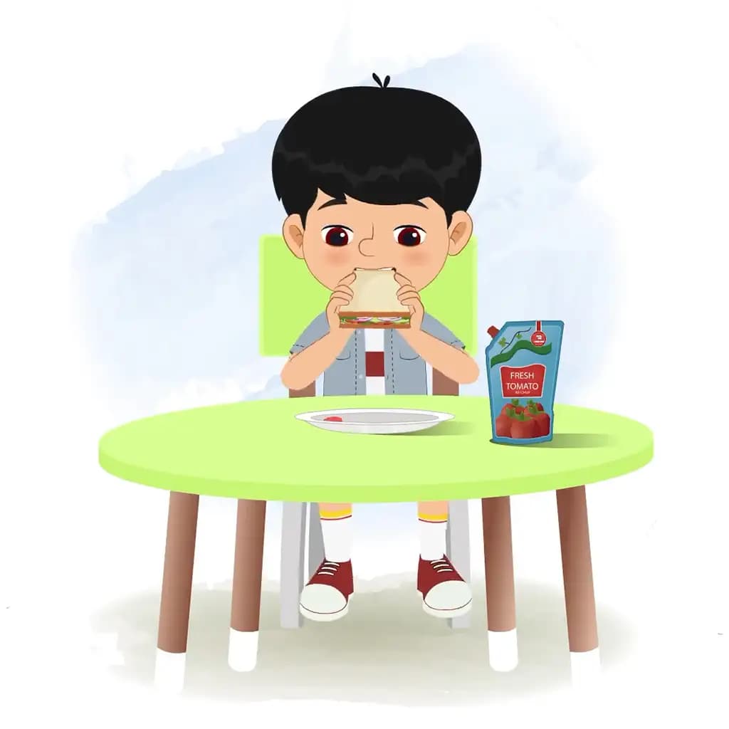 A little Indian boy animated cartoon character sitting at a table and eating a sandwich aka aarav