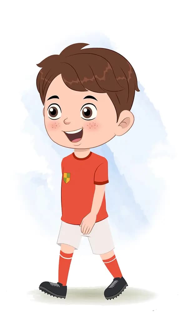A cute sport boy 3/4 front view/three quarter view walking animated cartoon character aka sai 3/4