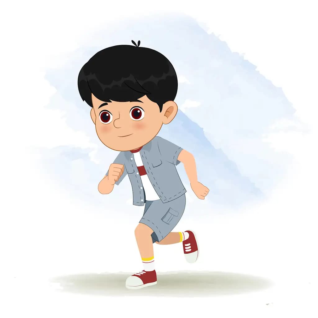 A little Indian boy running three quarter view animated cartoon character. A black hair boy three quarter view running cartoon aka aarav