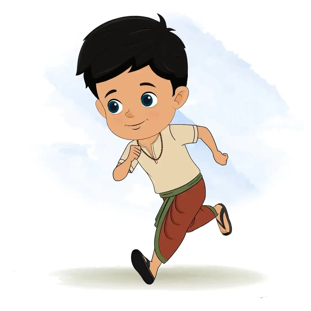 A boy in dhoti running three quarter view animated cartoon character. A 3/4 three quater view running cartoon aka rohan