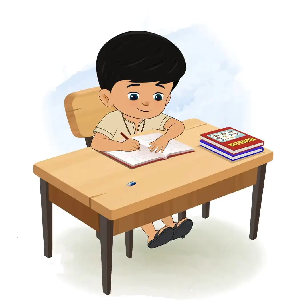 A boy in dhoti doing homework and sitting on the table animated cartoon character aka rohan