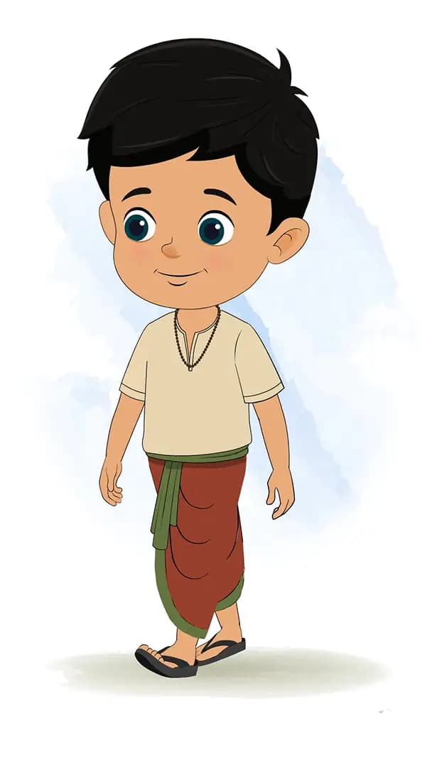 A boy in dhoti 3/4 front view/three quarter view walking animated cartoon character aka rohan 3/4