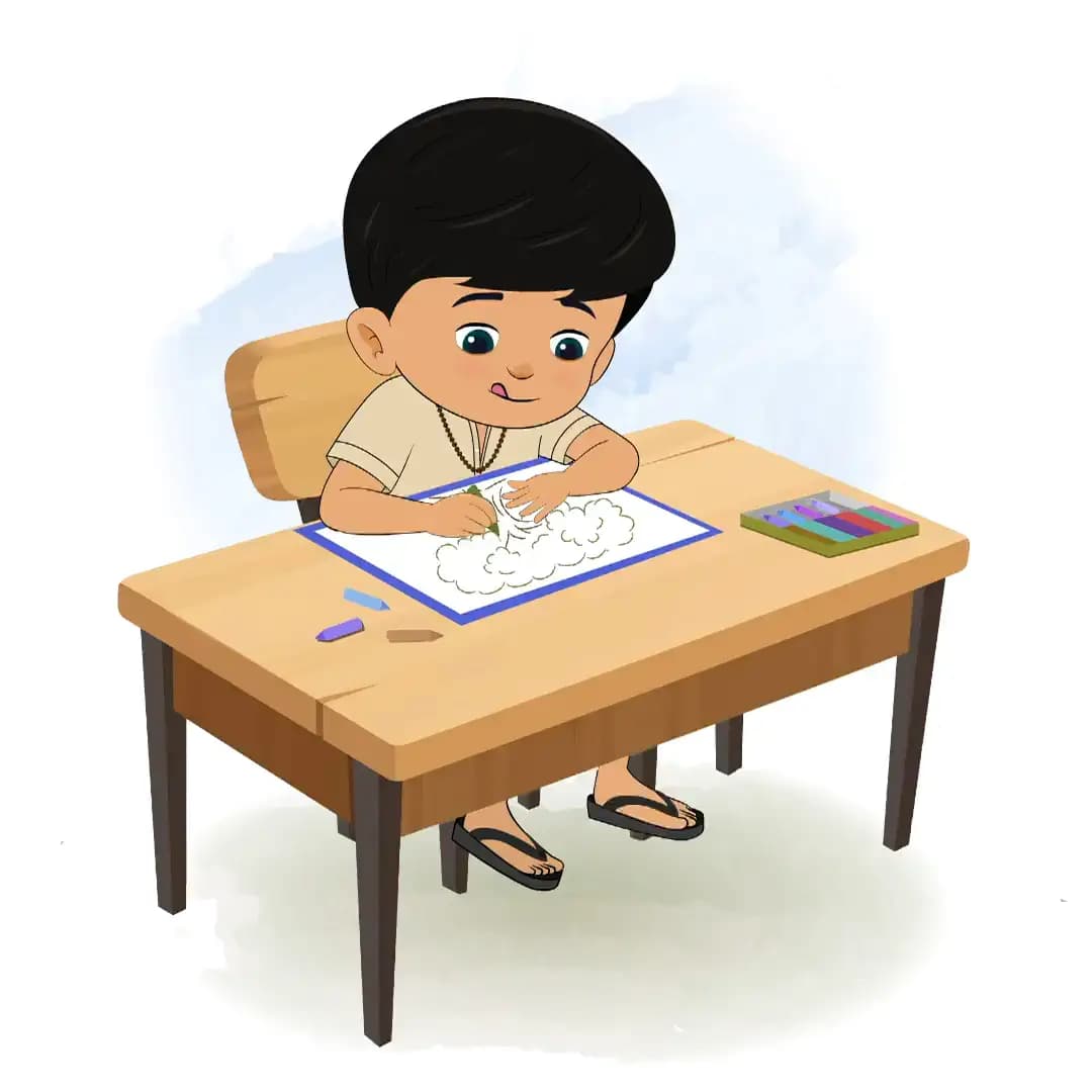 A boy in dhoti is sitting at a table with some crayons and colouring on the paper aka rohan,