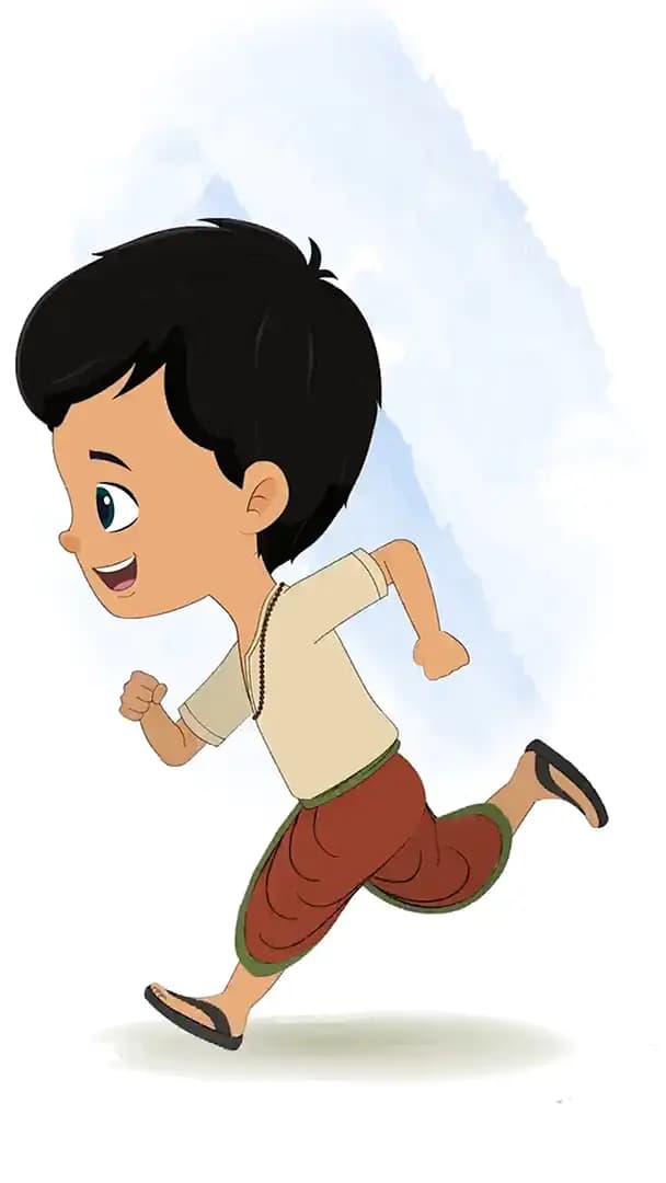 A boy in dhoti running fast side view animated cartoon character aka rohan