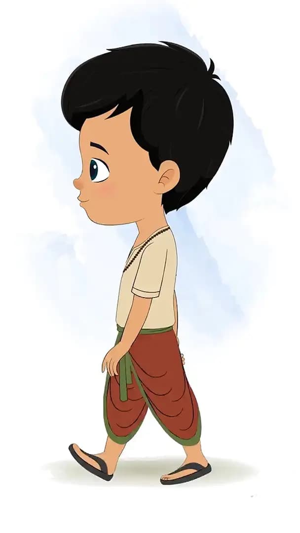 A boy in dhoti walking side view animated cartoon character aka rohan