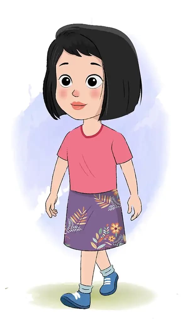 A little girl 3/4 front view/three quarter view walking animated cartoon character aka anaya 3/4