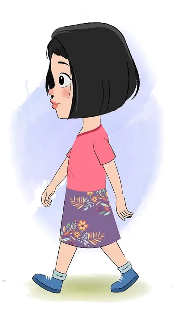 A little girl walking side view animated cartoon character aka anaya