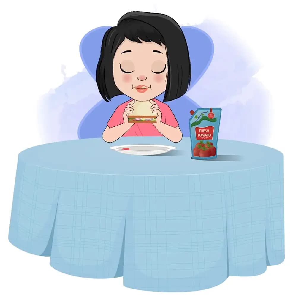 A little girl animated cartoon character sitting at a table and eating a sandwich aka anaya