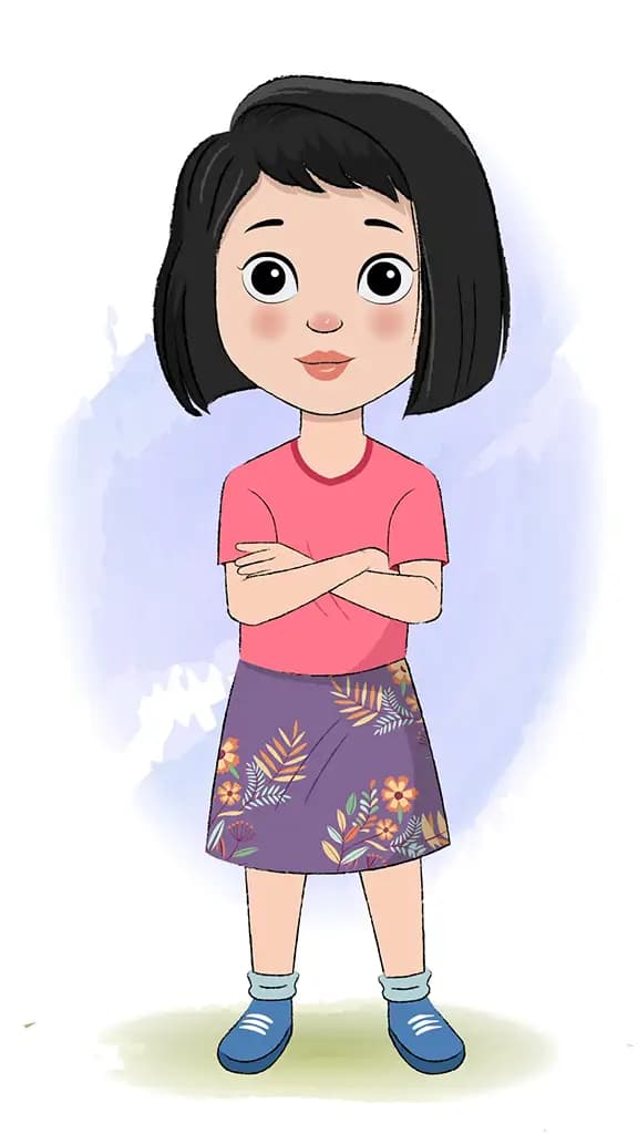 A little girl standing with cross hand and talking animated cartoon character aka anaya