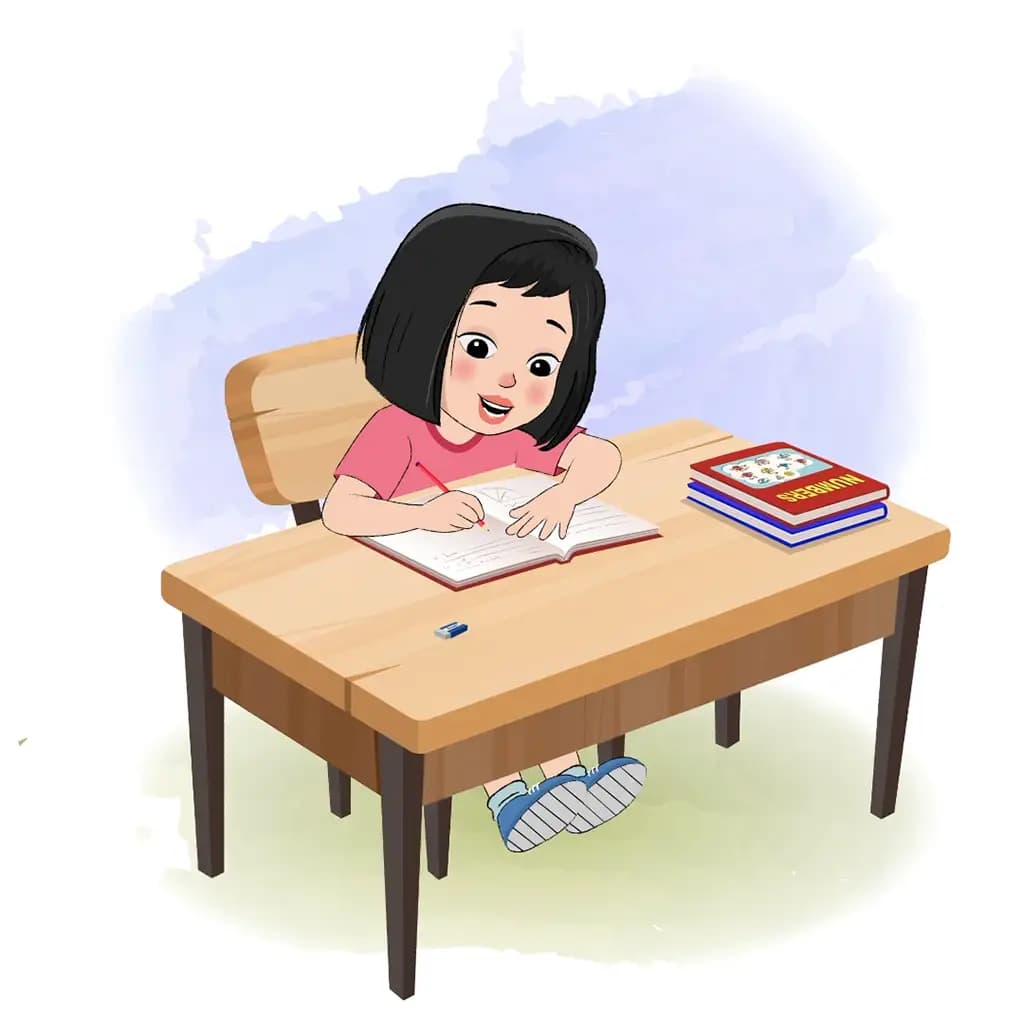 A little girl doing homework and sitting on the table animated cartoon character aka anaya