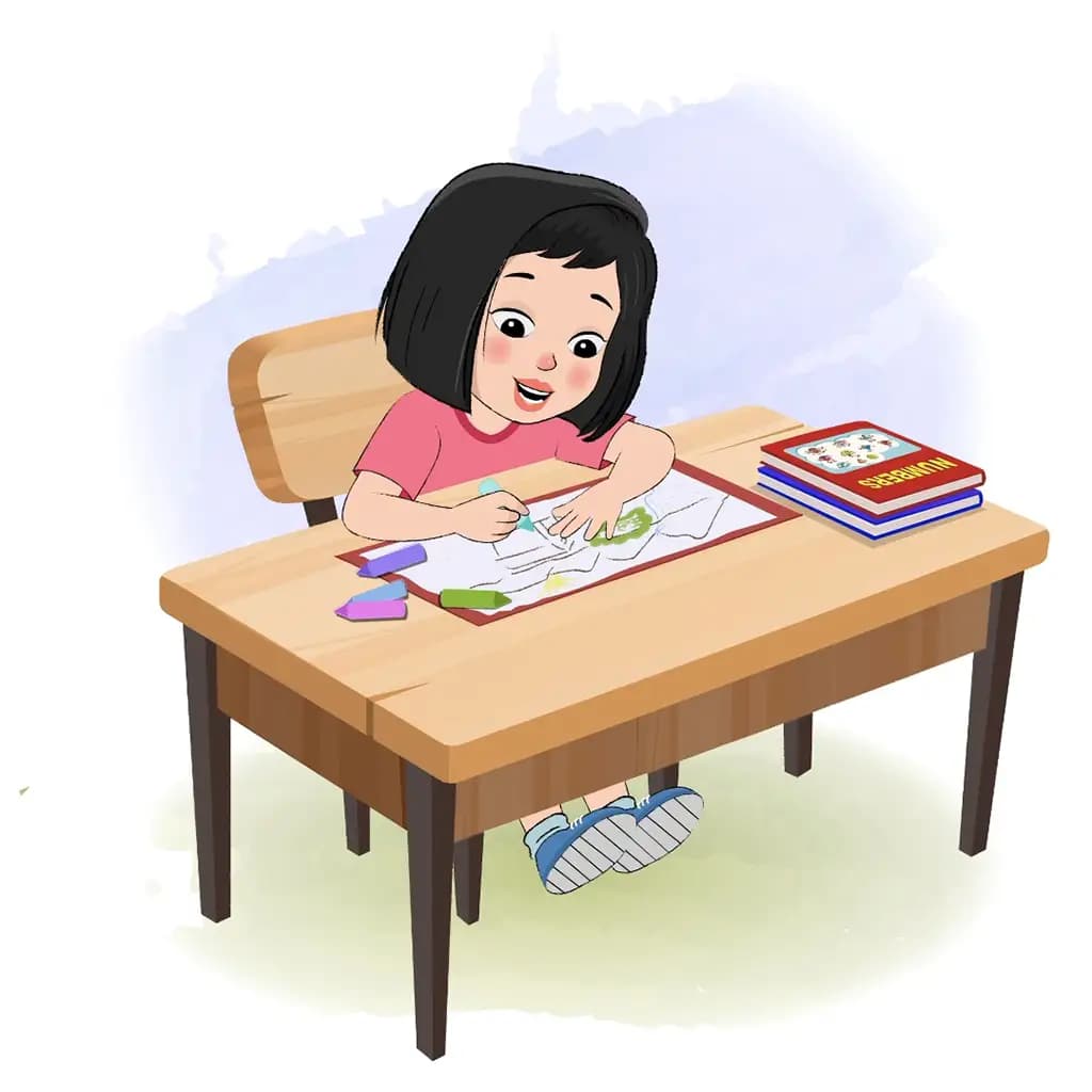 A little girl is sitting at a table with some crayons and coloring on the paper aka anaya