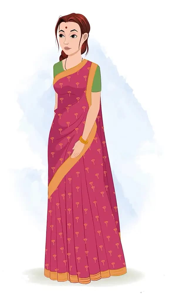 A beautiful Indian woman 3/4 front view/three quarter view walking animated cartoon character aka preet 3/4