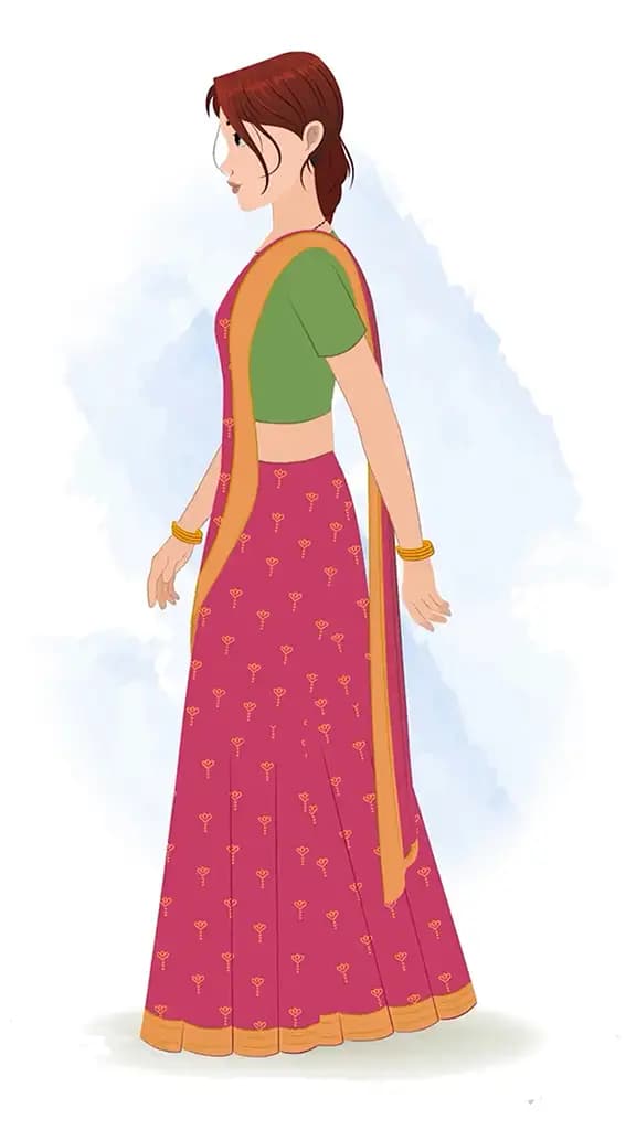 A beautiful Indian woman walking side view animated cartoon character aka preet