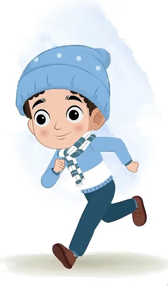 A boy in winter clothes running three quarter view animated cartoon character aka sachin 3/4