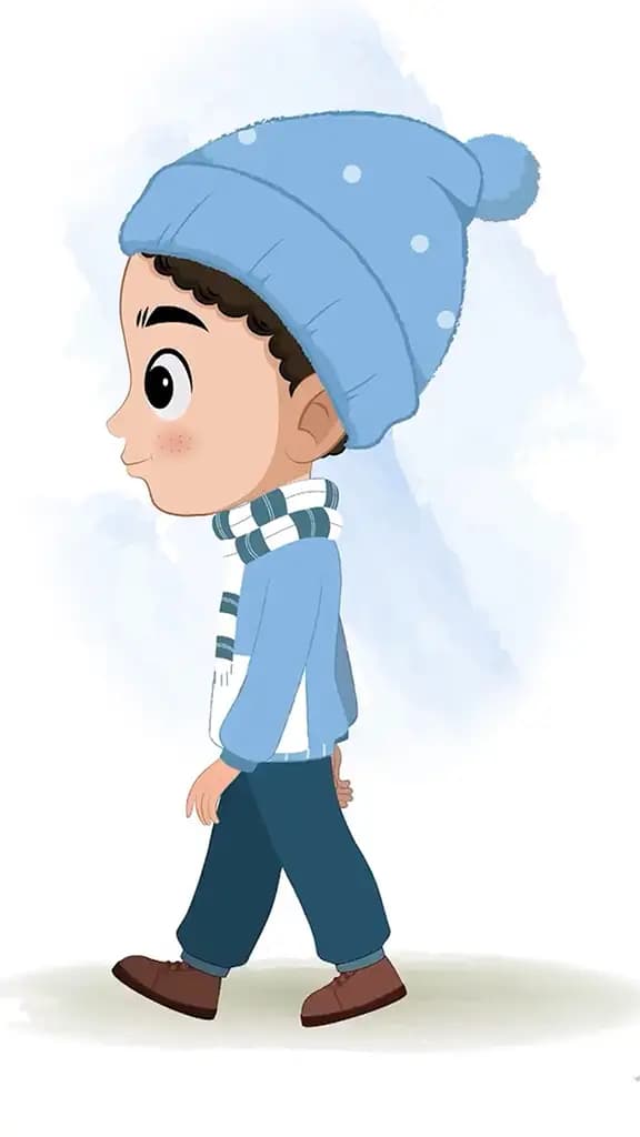 A boy in winter clothes walking side view animated cartoon character aka sachin